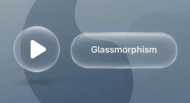 Modern glass morphism button with play icon on frosted background