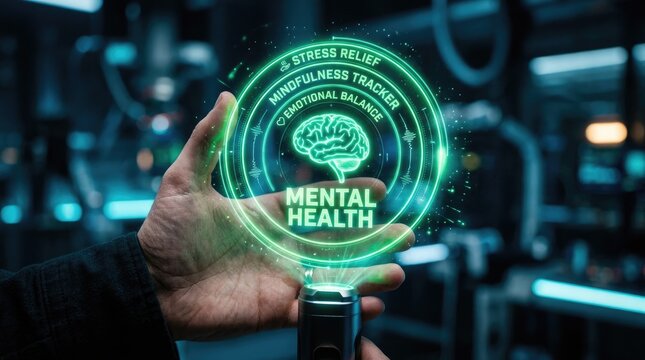 Mental health technology hand holding a brain shaped mindfulness tracker