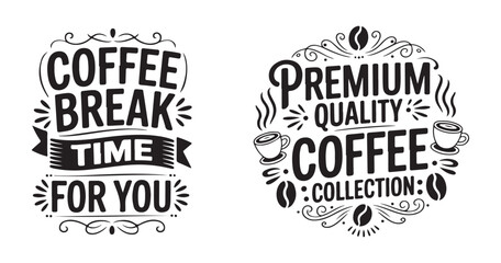 Obraz premium Premium quality coffee collection lettering bundle with decorative steam and coffee bean ornamental elements.