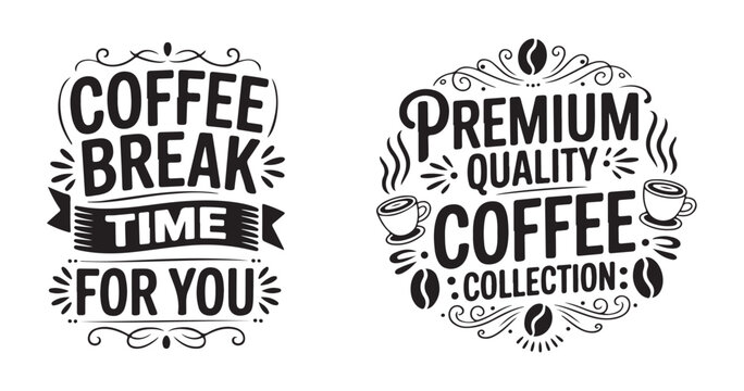 Premium quality coffee collection lettering bundle with decorative steam and coffee bean ornamental elements.