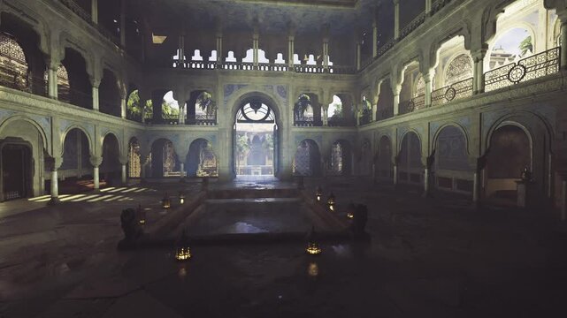 dimly lit historic hammam interior with vaulted arches, cracked mosaic floors, scattered lanterns, shallow central pool reflecting faded frescoes, moody beams