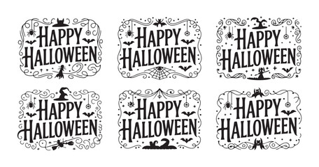 Set of happy halloween greeting cards with witch, spider, bat, spider web, pumpkin and haunted house. © Sen