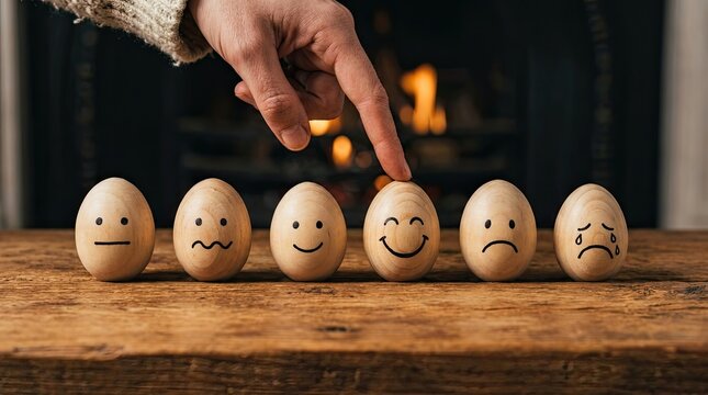 Emotional wellbeing concept hand selecting a happy face egg