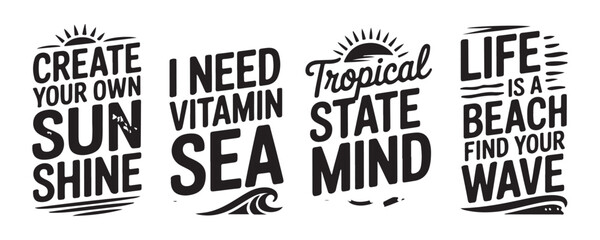 Summer vacation typography quotes with sun and ocean wave elements isolated on transparent background. © Sen
