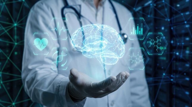 Neurology and healthcare technology a doctor's hand holding a digital brain