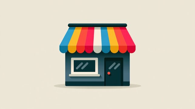 Flat vector illustration of a small shop storefront with a colorful striped awning and a single door and window