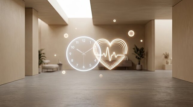 Modern hospital waiting room with heartbeat clock and neutral palette
