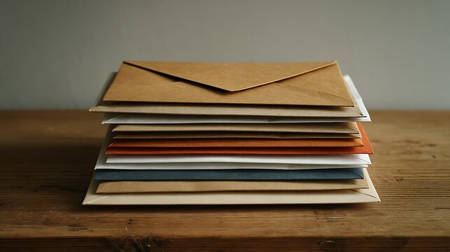 A stack of various envelopes placed on a wooden table.