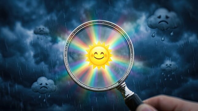 Finding sunshine a hand holds a magnifying glass revealing a bright sun