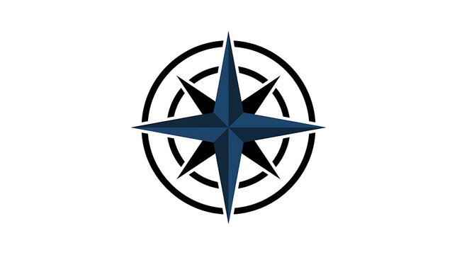Navigational compass with a blue star in a circular black graphic symbol