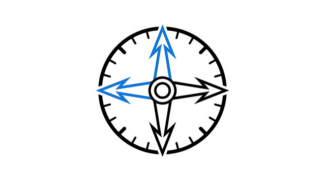 A compass with blue and black arrows pointing in different directions on a circular dial with markings.