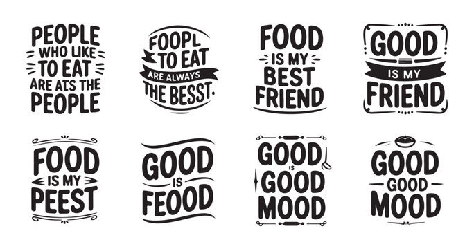 Inspirational food quotes collection with unique decorative frames and bold lettering for kitchen walls.