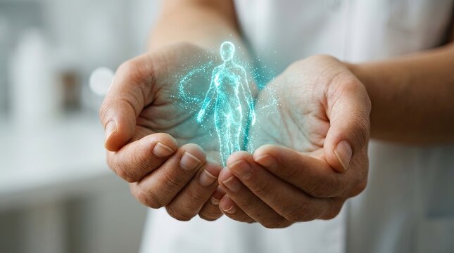 Hands holding holographic human body healthcare technology concept
