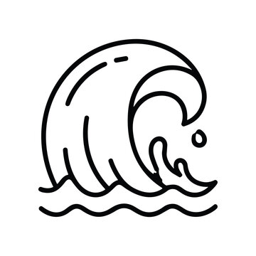 Stylized wave illustration, simple black and white line art of ocean water cresting.