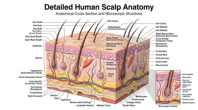 3D Human Scalp Anatomy with Labeled Internal Structures &ndash; Medical Illustration for Science Learning and Biology Education Poster