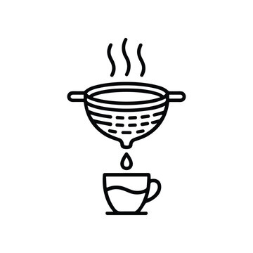 Steaming hot liquid being strained into a cup, iconographic representation