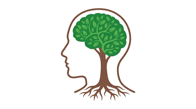 A symbolic illustration of a human head with a green tree growing out of the brain representing knowledge and growth.