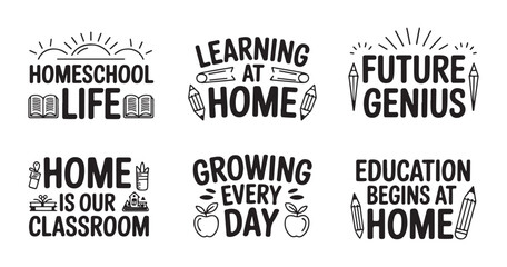 Homeschool typography collection for kids educational apparel with books apples and pencil elements set. © Sen