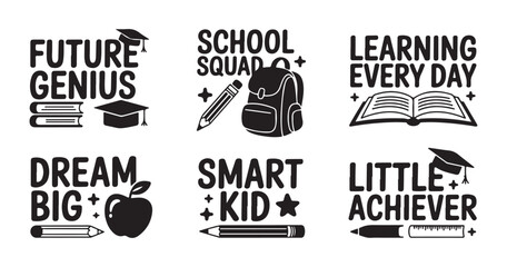 Academic school apparel typography design bundle with graduation cap backpack and student study quotes. © Sen