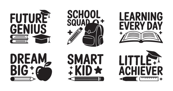 Academic school apparel typography design bundle with graduation cap backpack and student study quotes.