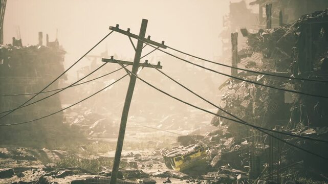 ruined urban street under hazy sunlight, leaning utility pole with tangled wires bisecting collapsed skyline, rubblestrewn road, cracked concrete, sparse