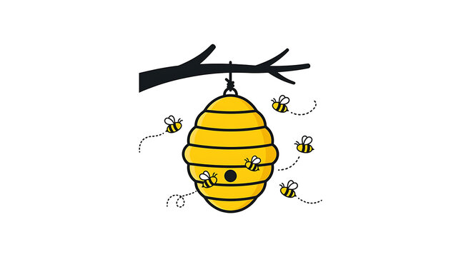 A beehive hangs from a tree branch with bees flying around it in nature.