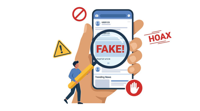 Digital vector illustration showing a person using a magnifying glass to identify fake news content