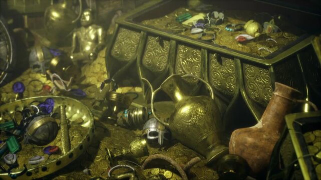 skulllike ornament and scattered coins lay amid broken goblets and rings, dim glow evokes ominous atmosphere of uncovered curse and historical mystery