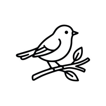 Cute outline bird sitting on a branch, simple line art illustration, white background