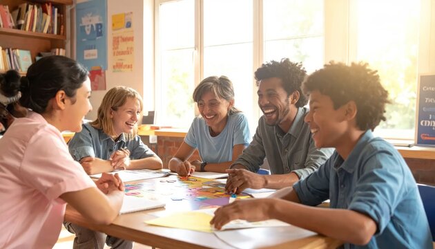Diverse group of smiling students and teacher collaborating around a table with educational materials and a board game, bathed in warm sunlight.