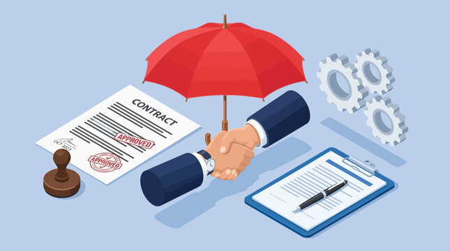 Professional business handshake under a protective red umbrella representing a secure legal contract agreement design