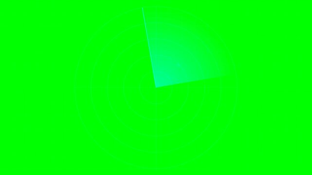 Digital Radar Screen Interface Scanning with Blue Sonar Pulse and Concentric Circles on Chroma Key Green Screen for Navigation, Surveillance and Military Tracking