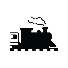 Vintage steam train silhouette on tracks, white background, black icon © hb