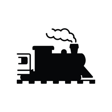 Vintage steam train silhouette on tracks, white background, black icon