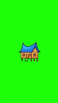 Animated Indonesian traditional house doodle icon, hand-drawn flat vector line art with wiggle effect, looping motion graphic for culture and heritage design