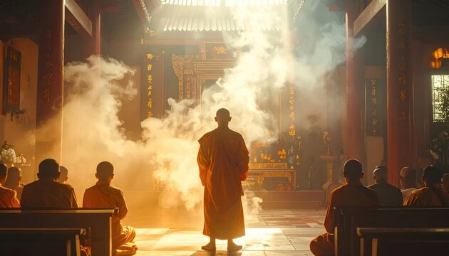 Monks in Prayer: Serene Buddhist Ceremony Amidst Incense Smoke and Golden Sunlight in Ancient Temple