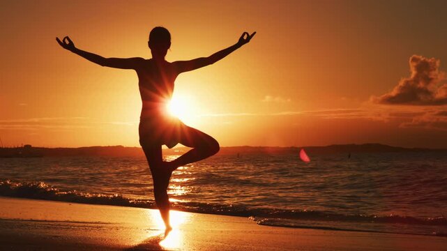 Video of Yoga woman at beach sunset in tree pose meditating outdoors on by ocean sea. Female yoga instructor working out training in serene ocean landscape. Silhouette of woman doing yoga.