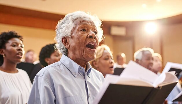 Joyful elderly Black woman singing passionately in a choir, bathed in warm sunlight.