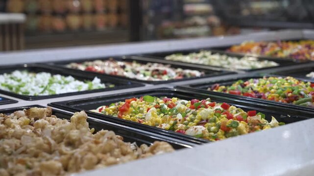 Rows of mixed vegetable and pasta salads fill black trays along a self-serve grocery deli bar, viewed in shallow focus.
