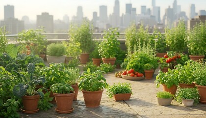 Fototapeta premium Lush Rooftop Garden with Potted Herbs and Vegetables Against City Skyline