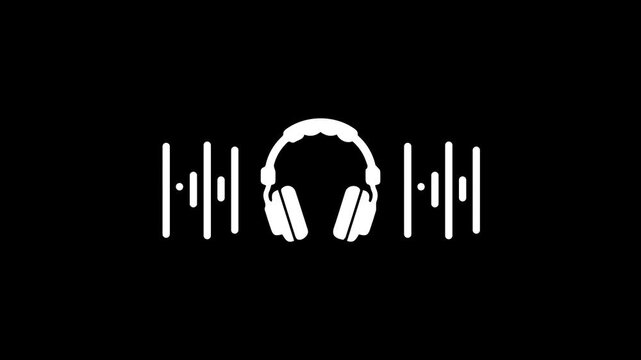 10 seconds of white headphone icon with animated audio spectrum bars on black background loop