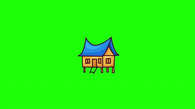 Animated Indonesian traditional house doodle icon, hand-drawn flat vector line art with wiggle effect, looping motion graphic for culture and heritage design