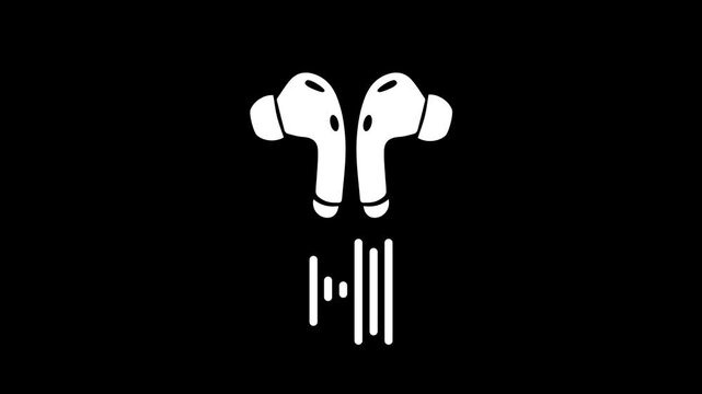 White Wireless Earbuds Icon and Moving Audio Sound Bar Waves Animation on Isolated Black Background