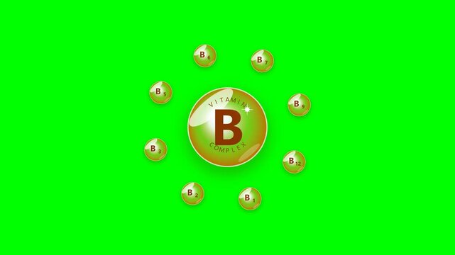 Vitamin B Complex Supplement Green Screen. A 3D animation of a Vitamin B complex molecule with orbiting supplements on a green screen. Ideal for medical and healthcare projects.