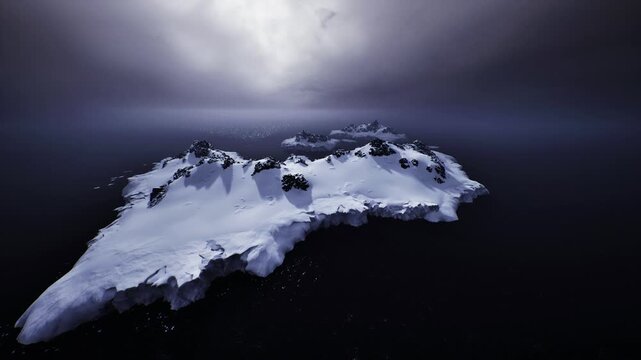 Drone survey over iceberg edge and dark sea, calving fracture lines and broken floes, technical mission feel with pilot and data capture, ideal for technology,