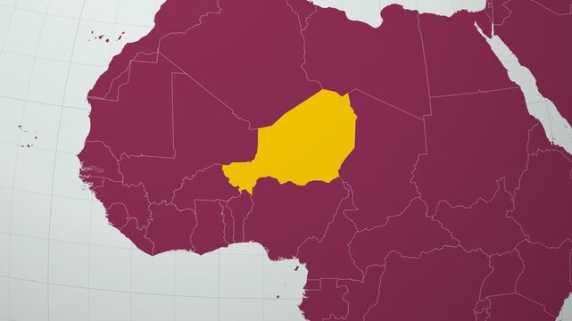 Niger map. Animated zoom into the country on the Globe in Pale Mint Dark Pink color palette. Country logo animation with round text and airplanes. Map with meridians, parallels. Authentic video.