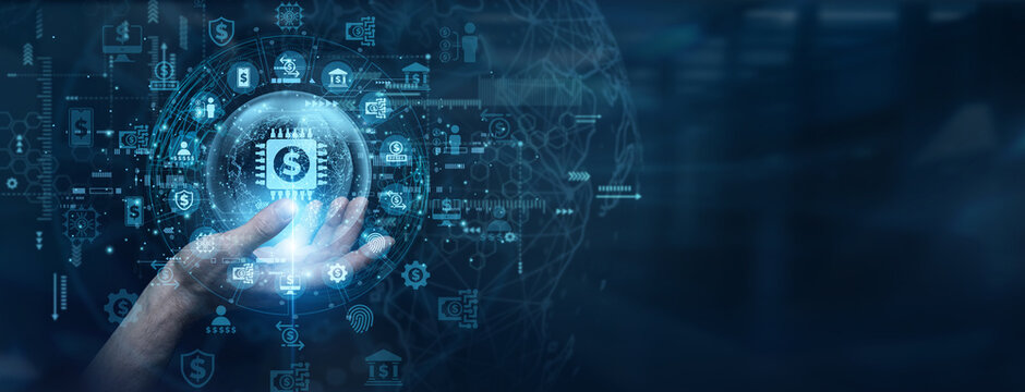 Modern decentralized financial transaction networks require secure cryptographic algorithms. An application developer touch a data flow on global network Fintech solutions to process mobile payments.