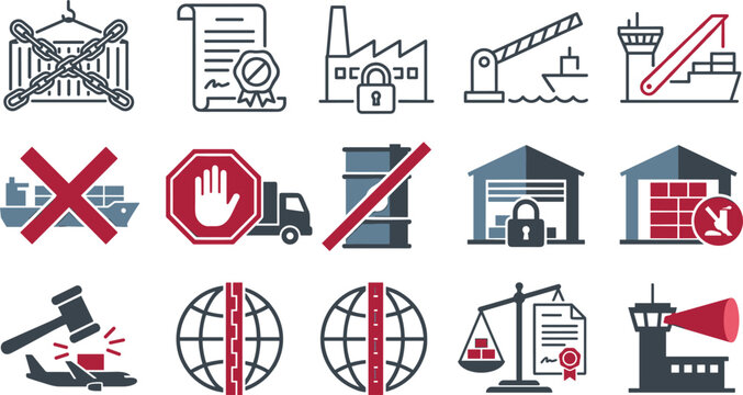Trade embargo economic sanctions international customs border control trade ban legal restriction port warehouse icon vector flat set