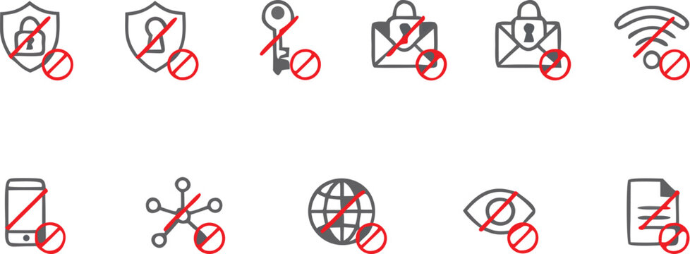 Ban VPN and security restriction icons editable stroke. Access denied vector set. Blocked internet and firewall prohibition line art symbols. No VPN allowed icons, Network security warning symbols.AI