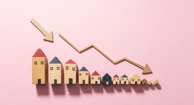 Wooden house models arranged in a decreasing row with a downward arrow representing a real estate market crash.